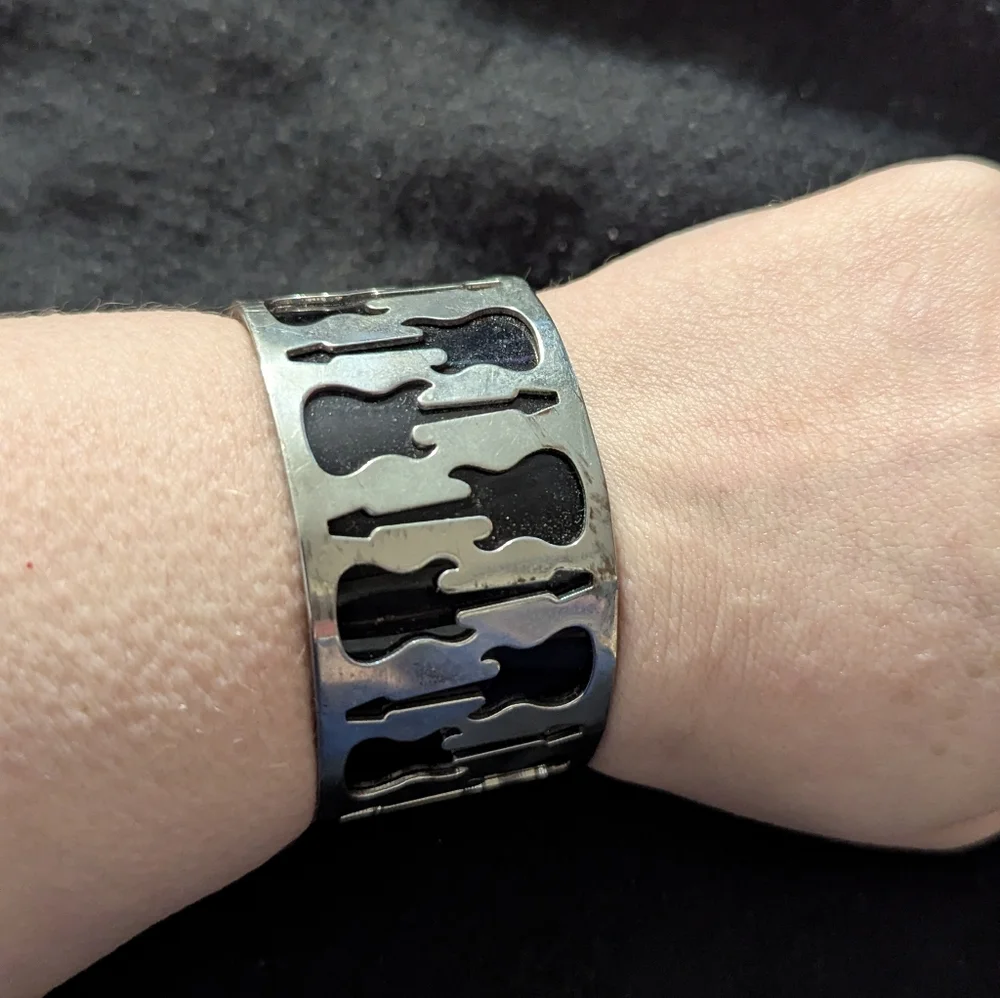 Silver Tone Black Guitar Cutout Statement Cuff Bracelet